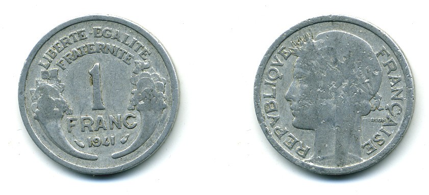 ФРАНЦИЯ 1 ФРАНК 1941 ТИП MORLON, LEGERE KM 885a.1, LE FRANC 221.2 алюминий 84-445