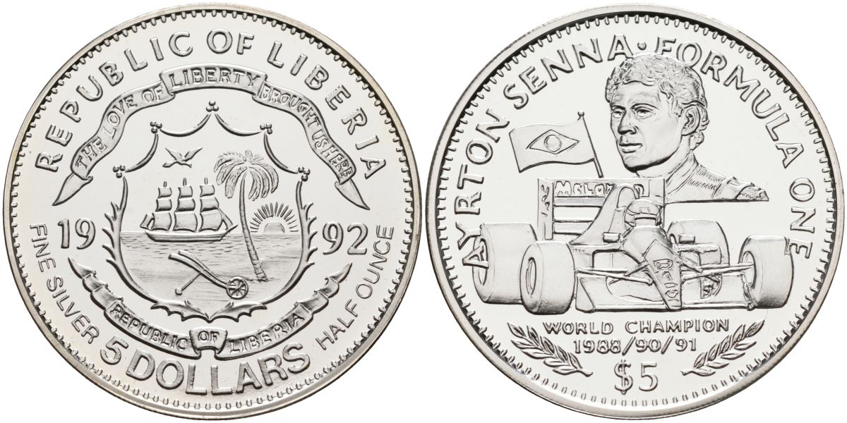 Либерия 5 долларов 1992 чемпионы формулы 1, Айертон Сенна 1989, 1990, 1991 год KM 78 серебро PROOF 1096-3-52