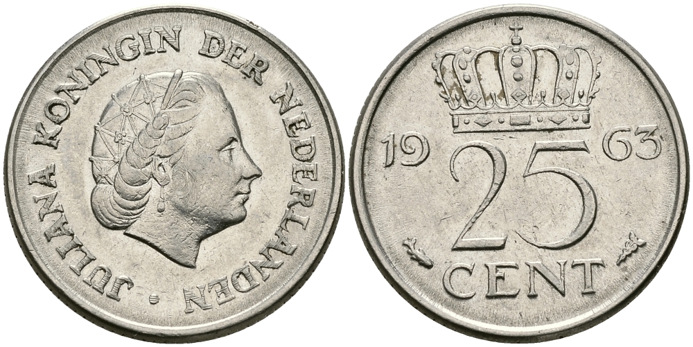 НИДЕРЛАНДЫ 25 ЦЕНТОВ 1963 ЮЛИАНА KM 183 никель 96-154