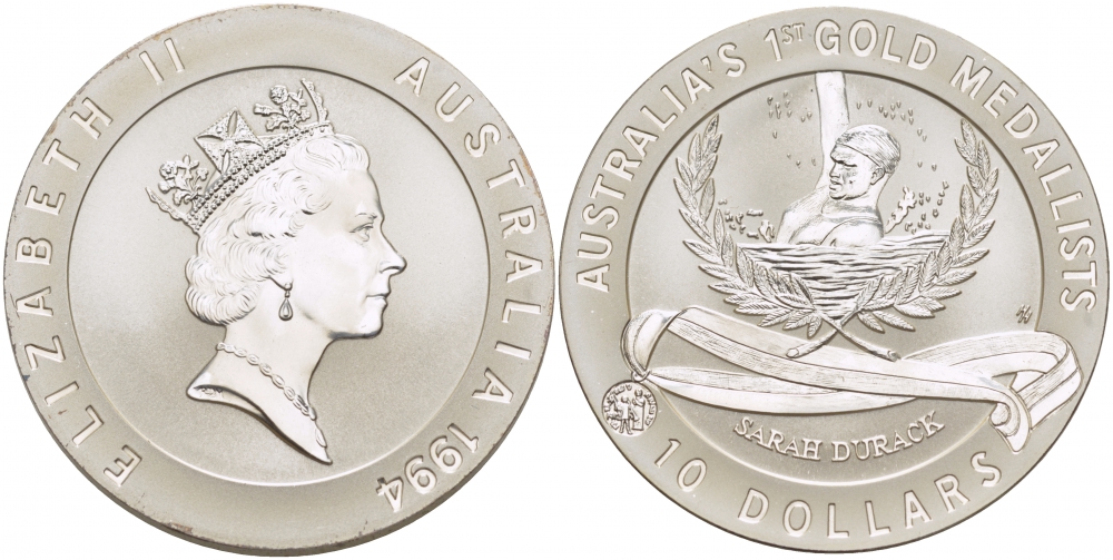 Австралия 10 долларов 1994 1-ое Олимпийское золото Австралии, 1912 год, плавание KM 226 серебро PROOF 1068-2-51