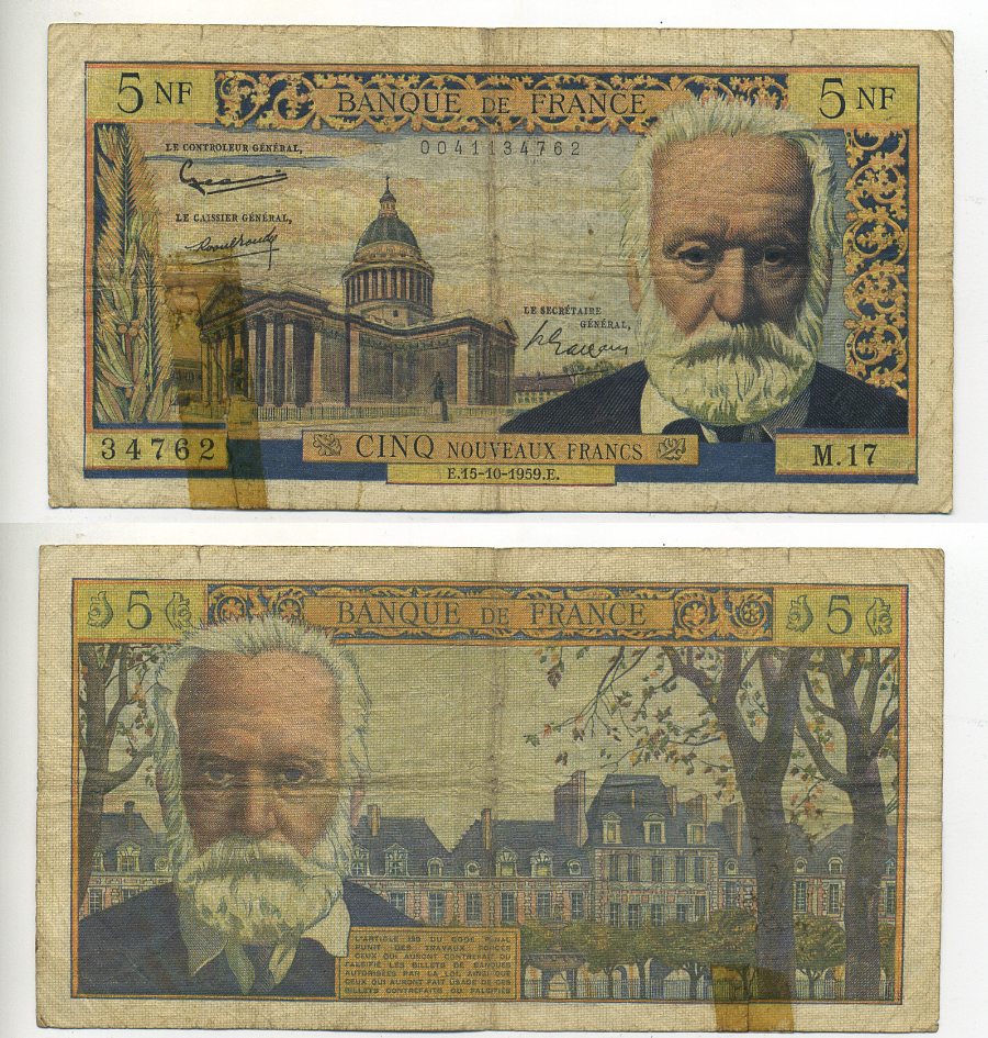ФРАНЦИЯ 5 ФРАНКОВ 1959 15 ОКТЯБРЯ 1959, ВИКТОР ГЮГО Pick 141a бумага 7552-1-3