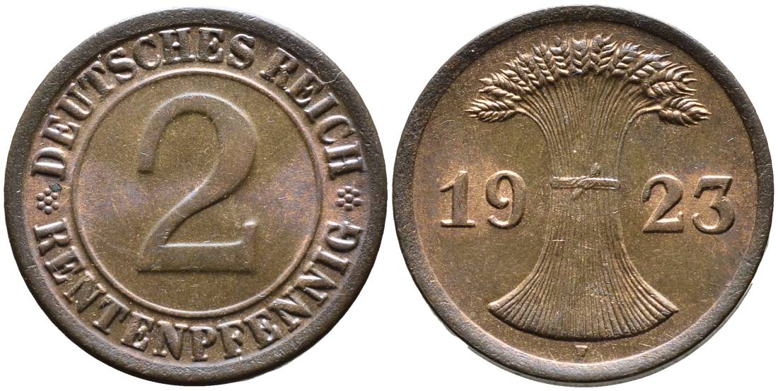 ГЕРМАНИЯ 2 РЕНТЕНПФЕННИГА 1923 F, ВЕЙМАРСКАЯ РЕСПУБЛИКА (1919-1933) KM 31, Jager 307, Weege 3 бронза aUNC 4546-821