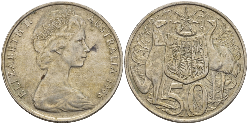 Австралия 50 центов 1966 Елизавета II (1952-2022), герб Австралии, кенгуру KM 67 серебро 82-822