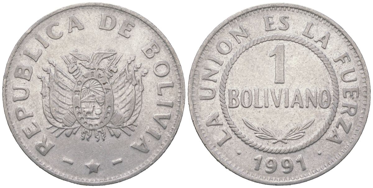 Боливия 1 боливиано 1991 KM 205 нержавеющая сталь 4364-413