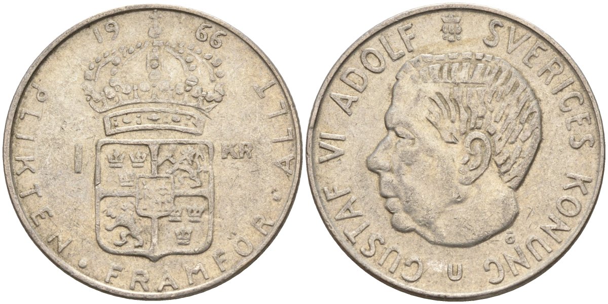 Швеция 1 крона 1966 U, Густав VI Адольф (1950-1973) KM 826 серебро 4150-214