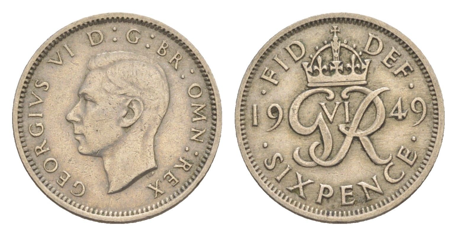 Великобритания 6 пенсов 1949 Георг VI (1936-1952) KM 875, Spink 4110 медно-никель 4639-235