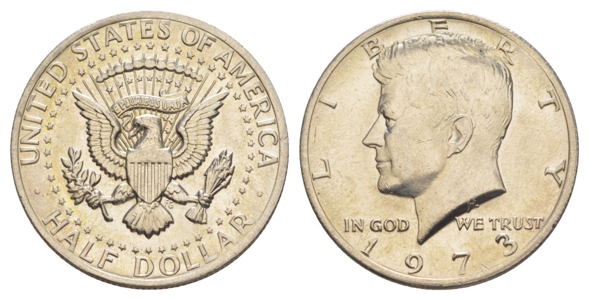 США 1/2 доллара (50 центов) 1973 D, Джон Кеннеди KM 202b медь плакированная медно-никелем aUNC 4517-1046