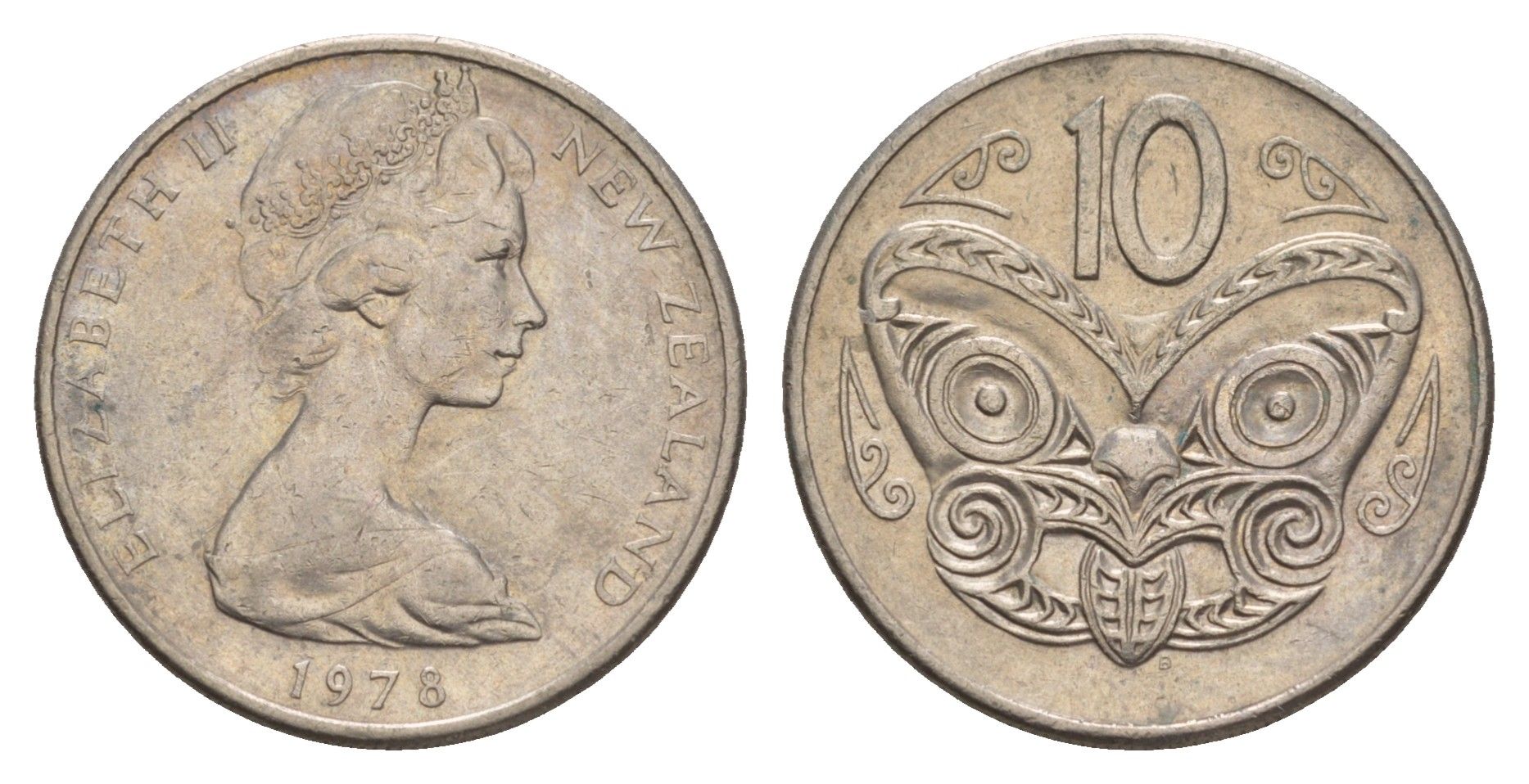 Новая Зеландия 10 центов 1978 Елизавета II (1952-2022), маска маори KM 41.1 медно-никель 4657-131