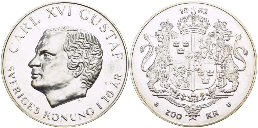 Швеция 200 крон 1983 Карл XVI Густав (1973- ), 10 лет правления KM 862 серебро 1069-10-22