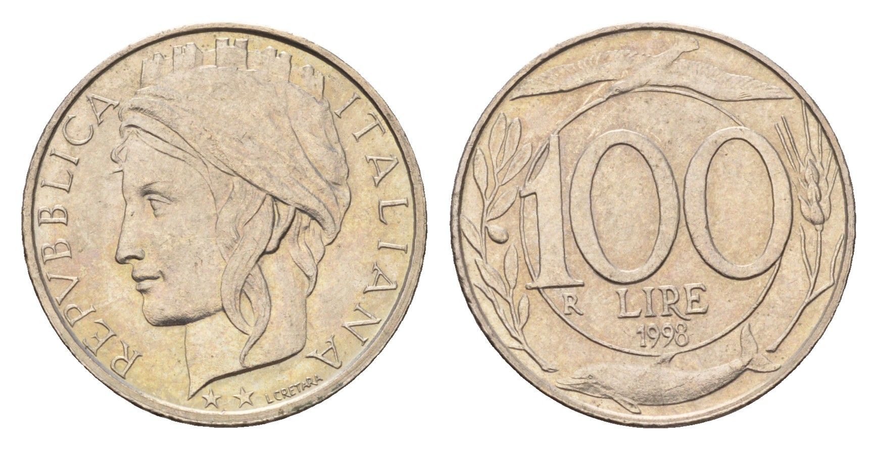 Италия 100 лир 1998 R, дельфины KM 159 медно-никель 4148-824
