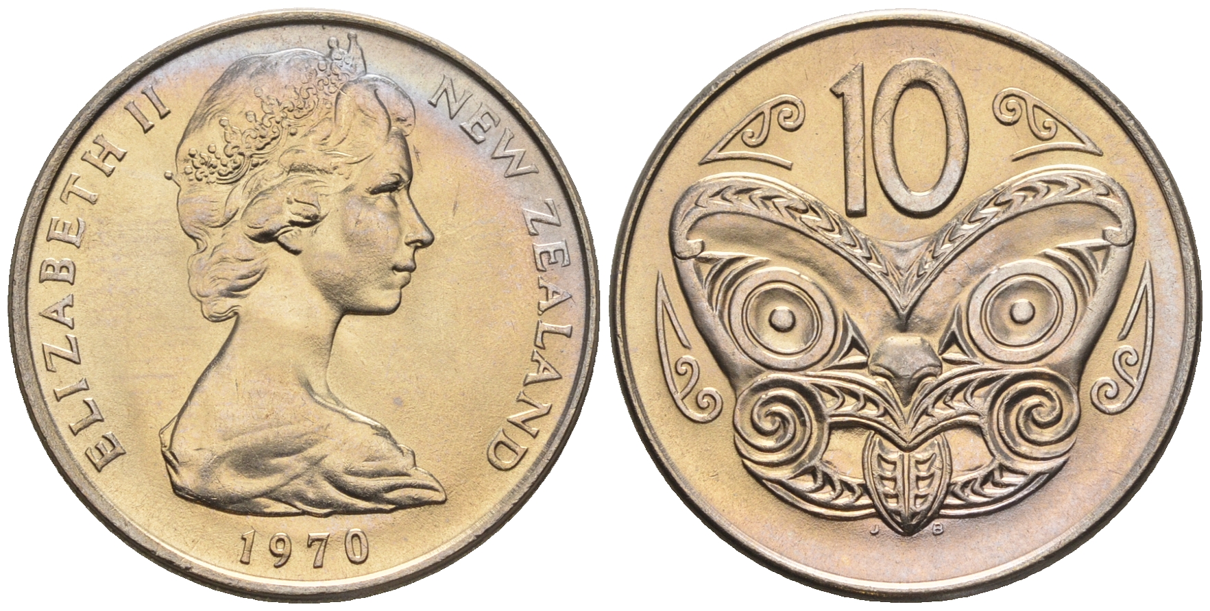 Новая Зеландия 10 центов 1970 Елизавета II (1952-2022), маска маори KM 41.1 медно-никель  UNC  4182-1155