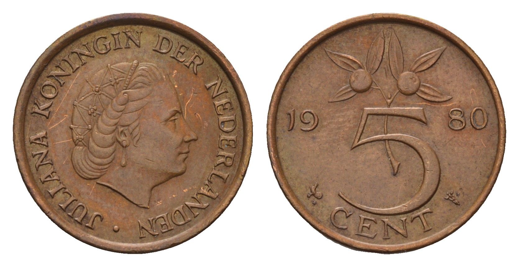 Нидерланды 5 центов 1980 Юлиана (1948-1980) KM 181 бронза 192-1114