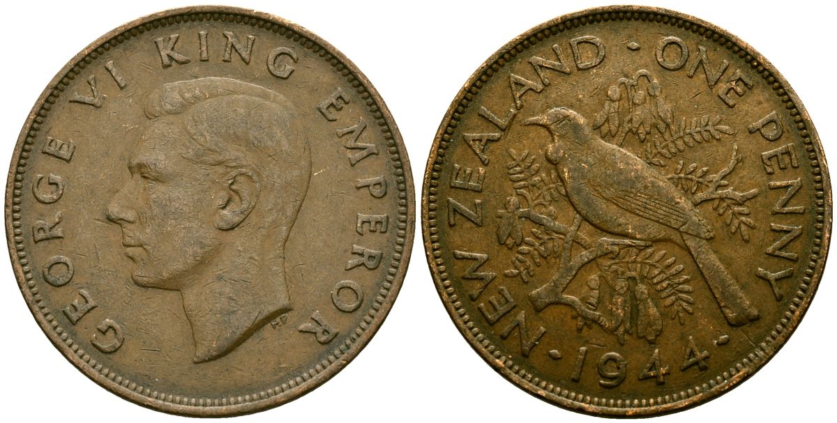Новая Зеландия 1 пенни 1944 Георг VI (1936-1952), новозеландский туи KM 13 бронза 4165-1233