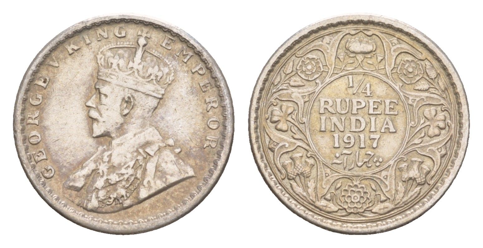 Британская Индия 1/4 рупии 1917 Георг V (1910-1936) KM 518 серебро    4658-1113
