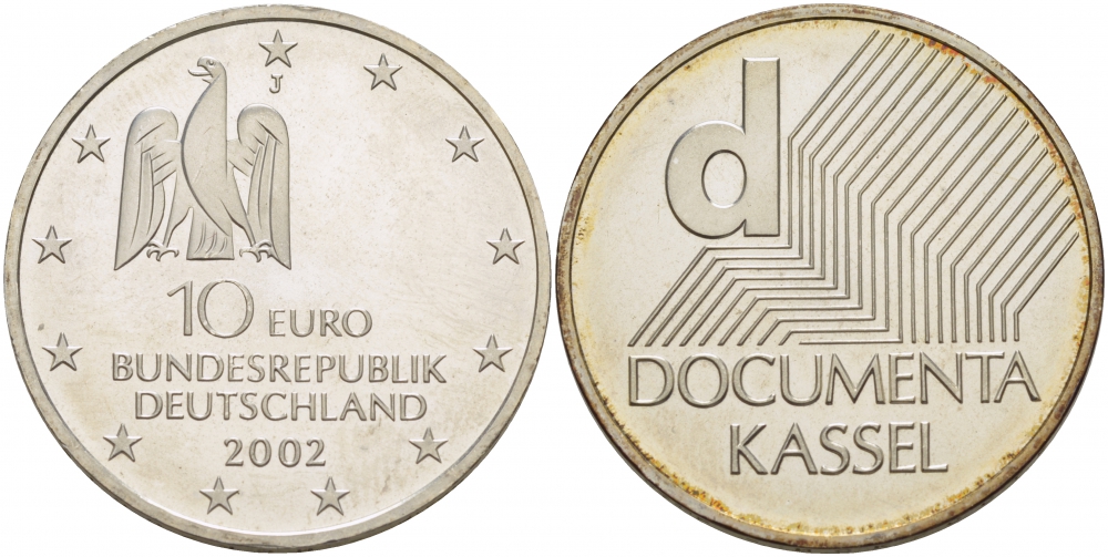 ФРГ 10 евро 2002 J, выставка документов в Касселе KM 217, DE. S. 10.3 серебро UNC 1082-9-23
