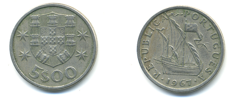 ПОРТУГАЛИЯ 5 ЭСКУДО 1967ПАРУСНИК KM 591 медно-никель 86-1223