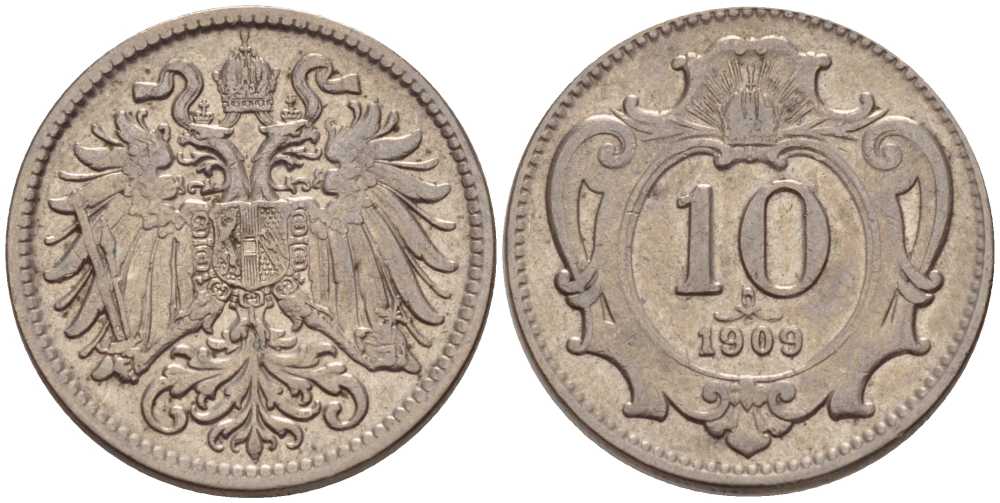 АВСТРИЯ 10 ГЕЛЛЕРОВ 1909 АВСТРО-ВЕНГЕРСКАЯ ИМПЕРИЯ KM 2802 никель 201-344