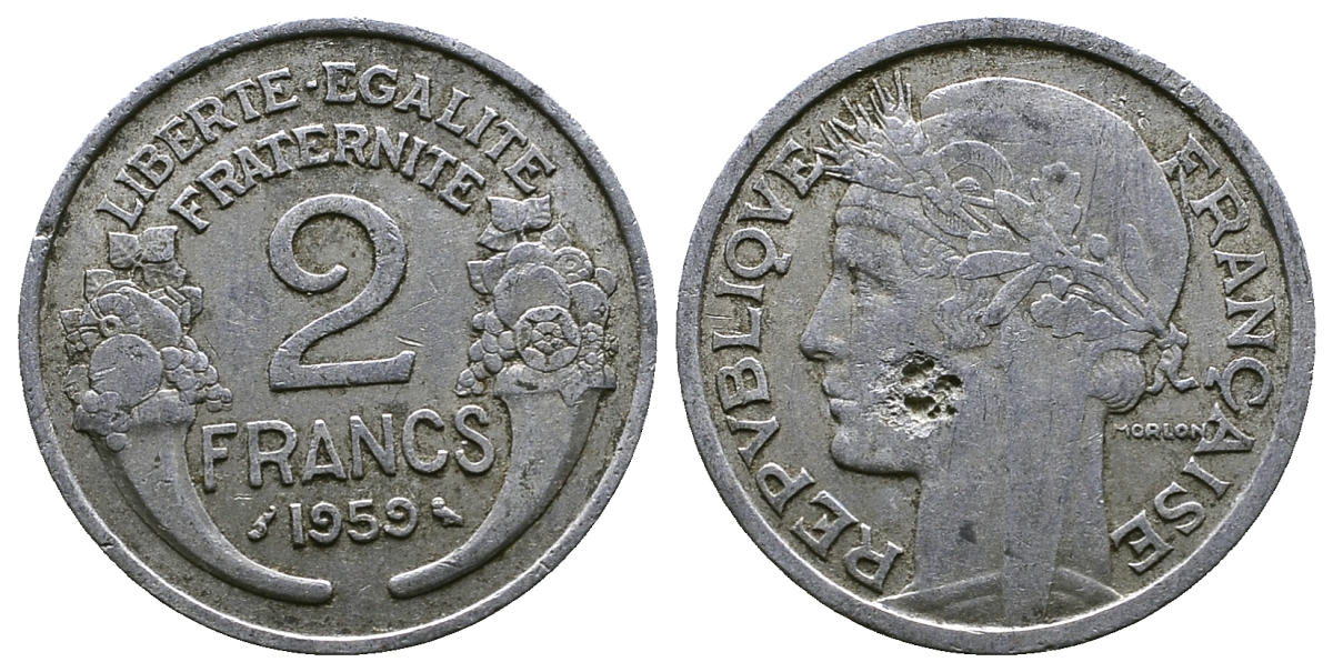 ФРАНЦИЯ 2 ФРАНКА 1959 KM 886a.1, LE FRANC 269.19 алюминий 261-727