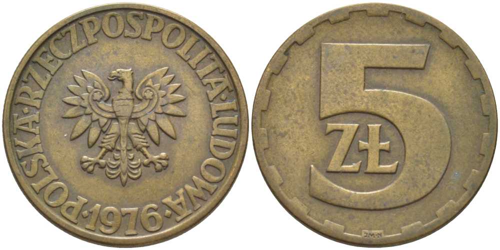Польша 5 злотых 1976 монетный двор Ленинград (ЛМД) KM 81.1, Parchimowicz 221b латунь 117-313
