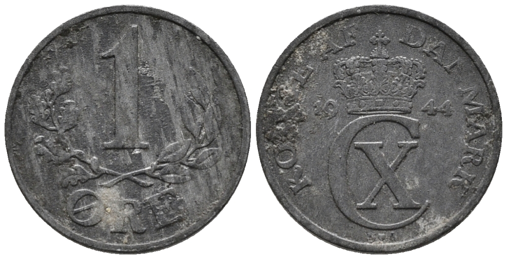 ДАНИЯ 1 ЭРЕ 1944 N; S, КРИСТИАН X (1912-1947) KM 832 цинк 66-162