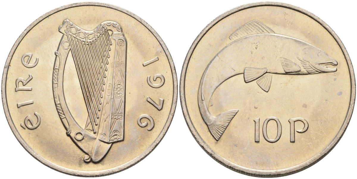 Ирландия 10 пенсов 1976 лосось KM 23 медно-никель UNC 4583-343