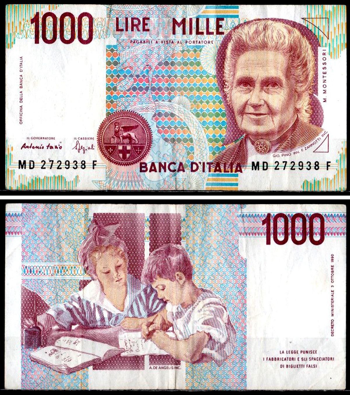 Италия 1000 лир 1990 Pick 114 b бумага 6281-52-3-2