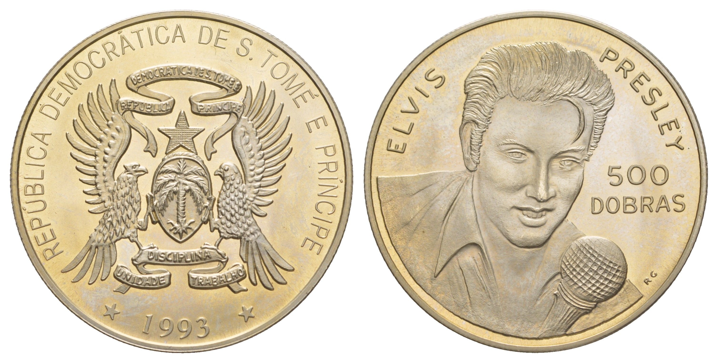 Сан-Томе и Принсипи 500 добр 1993 Элвис Пресли KM 70 медно-никель BU 413-6512