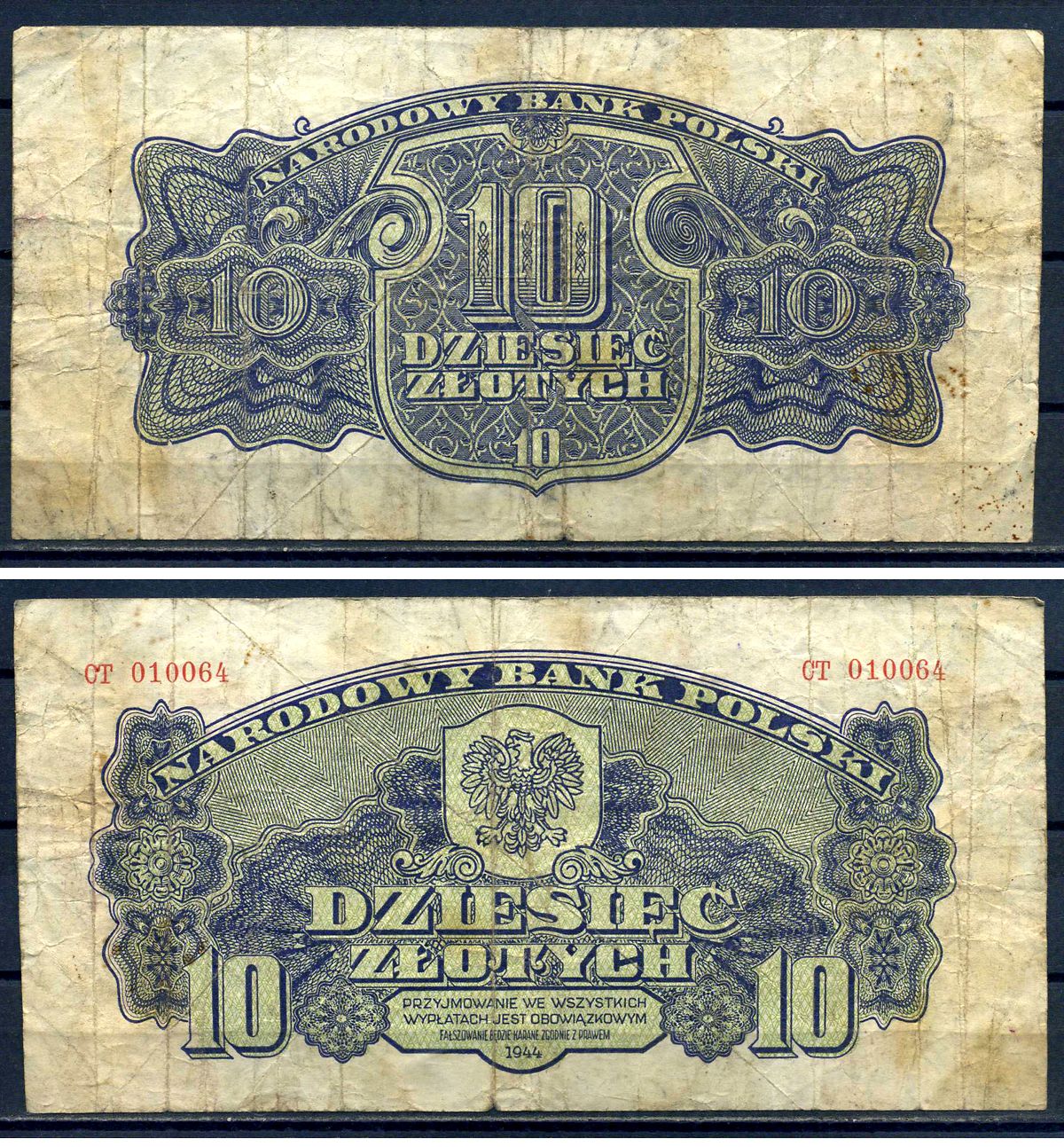 Польша 10 злотых 1944 Pick 110 бумага 8518-3-2-2