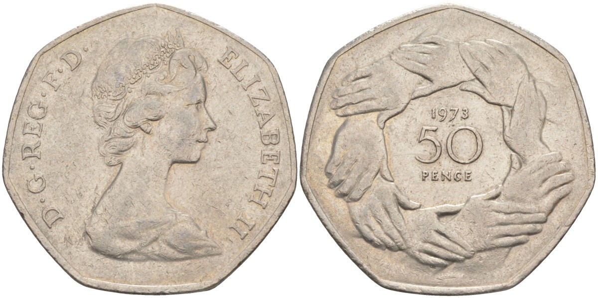 Великобритания 50 пенсов 1973 Елизавета II (1952-2022), вступление в Европейское экономическое сообщество KM 918, Spink 4224 медно-никель 115-621