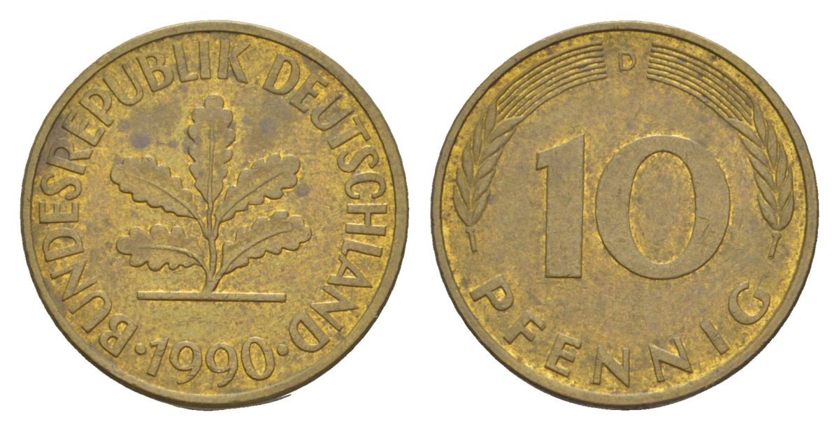 ФРГ 10 пфеннигов 1990 D KM 108, J. 383 сталь плакированная латунью 4627-124