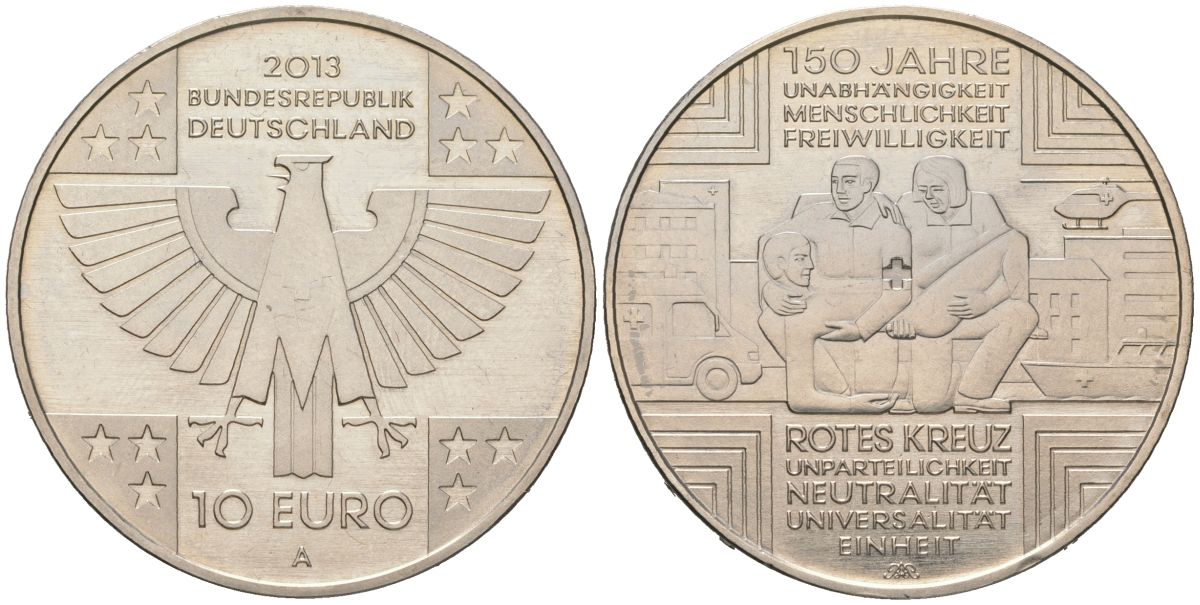 ФРГ 10 евро 2013 A, 150 лет Красному Кресту KM 320 медно-никель UNC 11-082-31