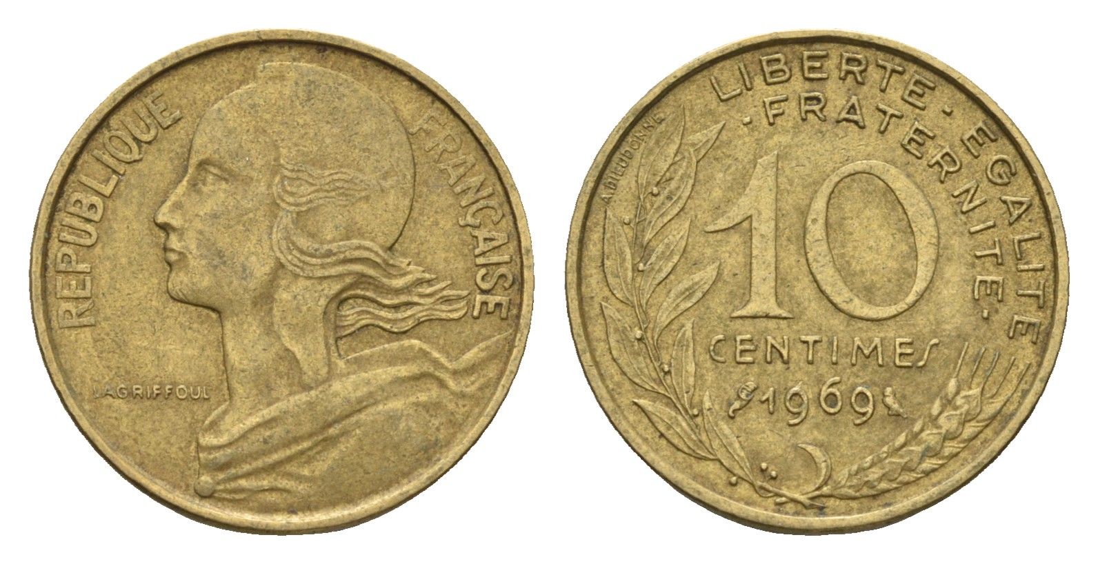 Франция 10 сантимов 1969 KM 929 алюминиевая бронза 4674-562