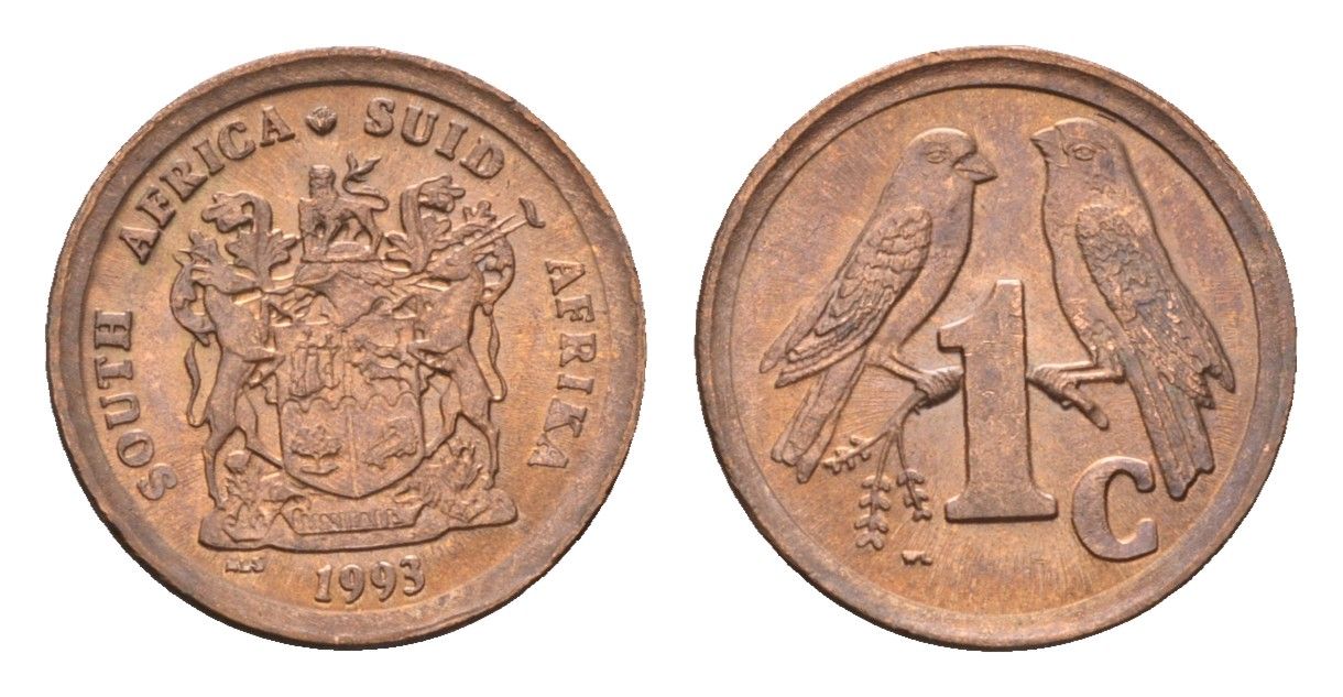 ЮАР 1 цент 1993 герб, капские воробьи KM 132 сталь плакированная медью UNC 4682-1035