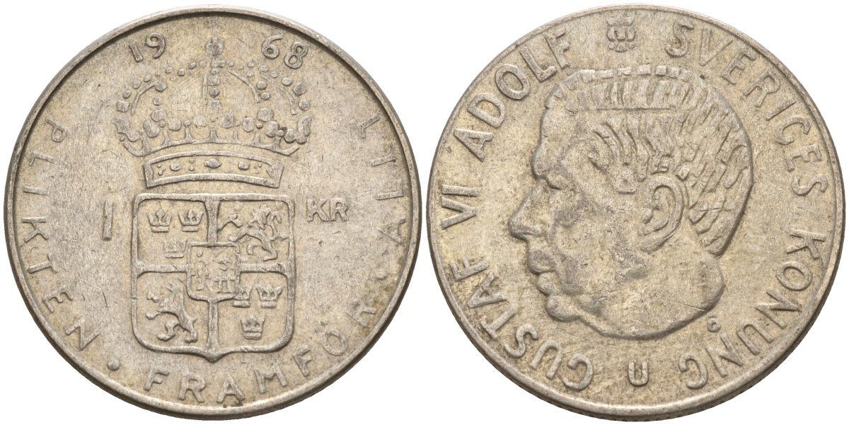 Швеция 1 крона 1968 U, Густав VI Адольф (1950-1973) KM 826 серебро 4150-237