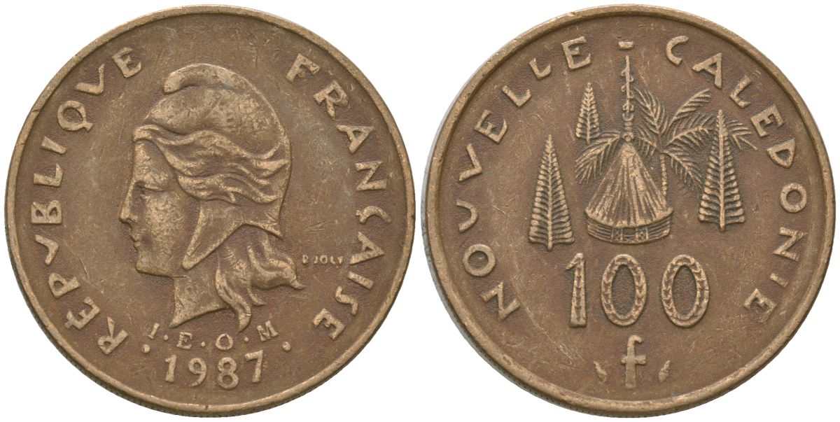 Французская Новая Каледония 100 франков 1987 хижина среди сосен и пальм, (IEOM) KM 15, Schoen 16, Lec 135 никель латунь 4137-1013