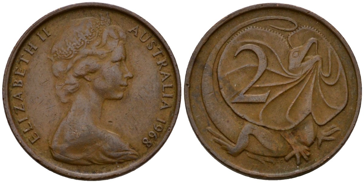 Австралия 2 цента 1968 Елизавета II (1953-), молодой портрерт, плащеносная ящерица KM 63 бронза 4601-742