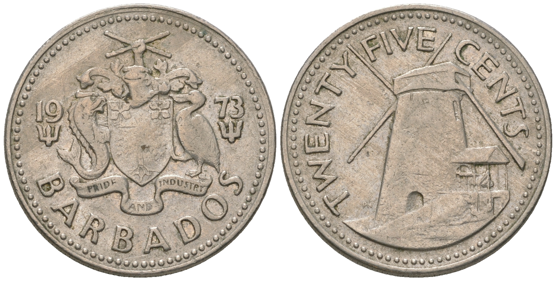 Барбадос 25 центов 1973 ветряная мельница Моргана Льюиса KM 13 медно-никель 4175-1134
