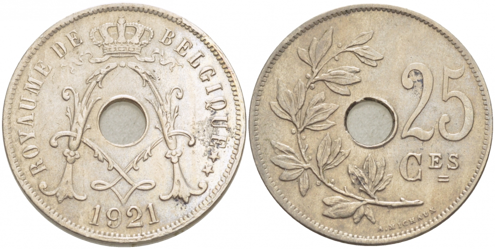 БЕЛЬГИЯ 25 САНТИМОВ 1921 BELGIQUE KM 68.1 медно-никель 87-1526