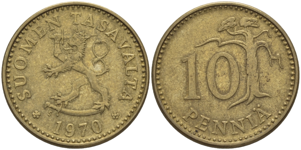 ФИНЛЯНДИЯ 10 ПЕННИ 1970 S KM 46 алюминиевая бронза 100-169