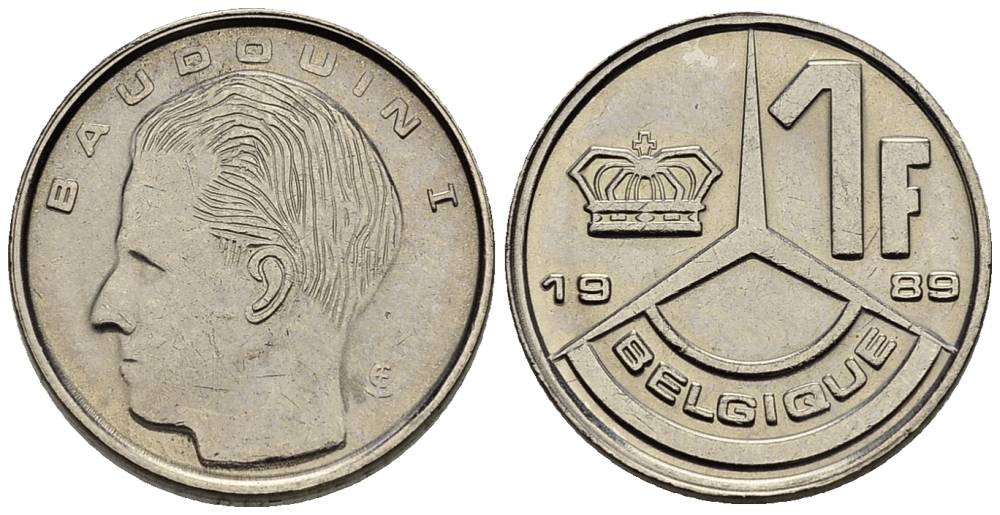 Бельгия 1 франк 1989 Belgique, Бодуэн I (1951-1993) KM 170 железо плакированное никелем 4528-1034