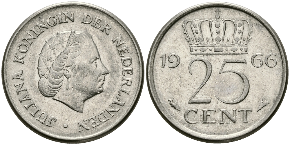 Нидерланды 25 центов 1966 Юлиана (1949-1980) KM 183 никель 96-163