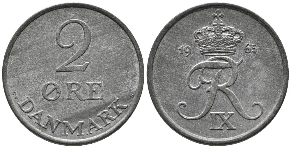 ДАНИЯ 2 ЭРЕ 1965 C; S, ФРЕДЕРИК IX (1947-1972) KM 840.2 цинк 24-1126