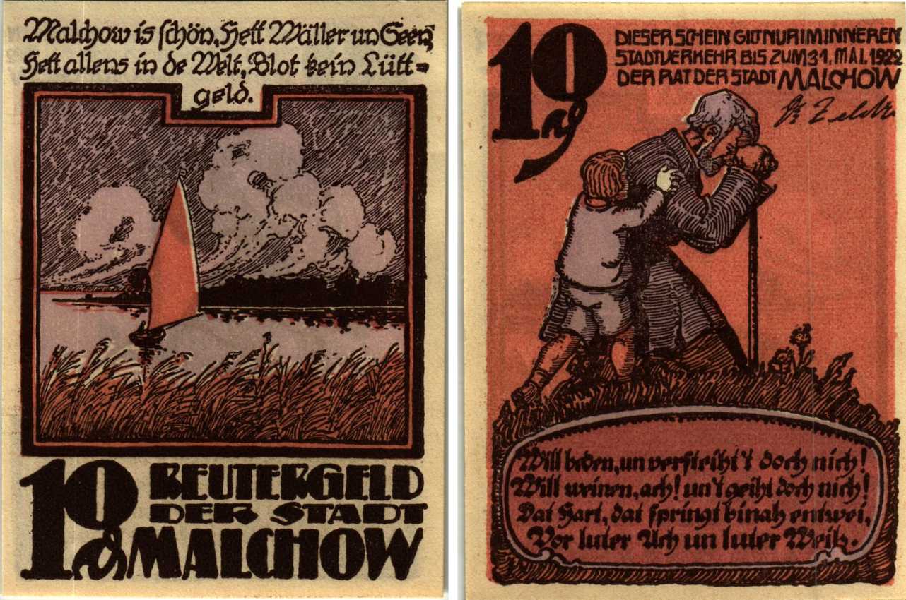 МАЛЬХОВ 10 ПФЕННИГОВ 1922 НОТГЕЛЬД, 1922 - 31 МАЯ 1922, ЗЕМЛЯ МЕКЛЕНБУРГ-ПЕРЕДНЯЯ ПОМЕРАНИЯ Grabowski 863.1 бумага 6318-47-3-1