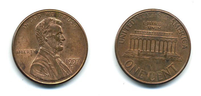 США 1 ЦЕНТ 1997 D KM 201b цинк плакированный медью 4364-254