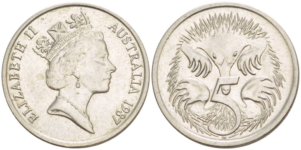 АВСТРАЛИЯ 5 ЦЕНТОВ 1987 ЕЛИЗАВЕТА II (1952-), ЕХИДНА KM 80 медно-никель 4528-138