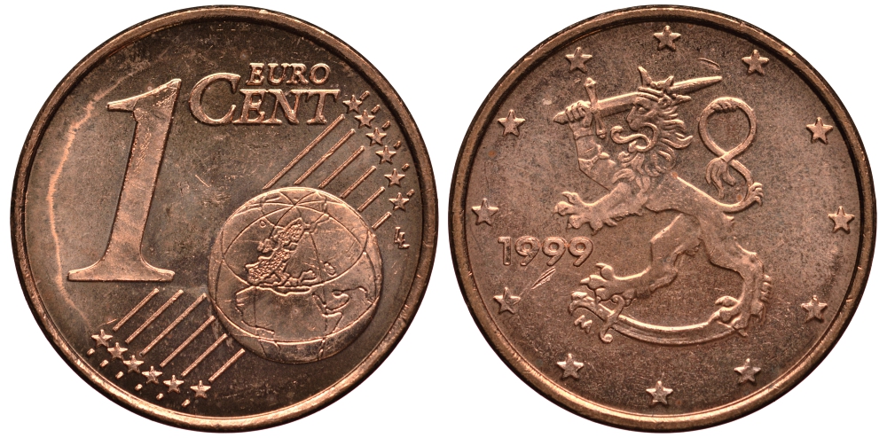 Финляндия 1 евроцент 1999 KM 98 сталь плакированная медью XF-UNC 4181-153