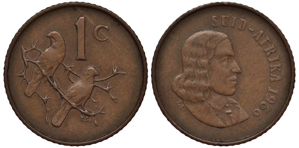 ЮАР 1 цент 1966 Ян ван Рибек (1619-1677), Suid Africa, легенда на африкаанс, капские воробьи KM 65.2 бронза 4539-233