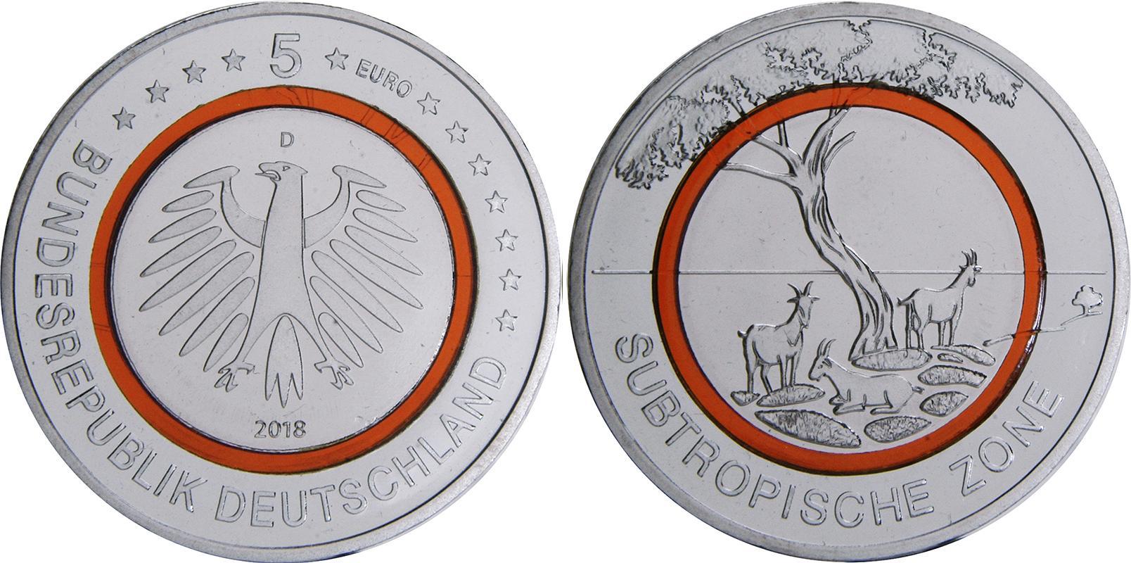 ФРГ 5 евро 2018 A, D, F, G, J субтропическая зона земли, полный комплект монетных дворов, в оригинальной упаковке KM 370 биметалл  PROOF  1-3-1-05