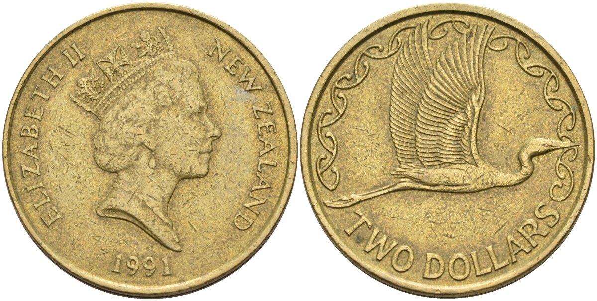 Новая Зеландия 2 доллара 1991 Елизавета II (1952-2022), большая белая цапля KM 79 алюминиевая бронза 4126-1216
