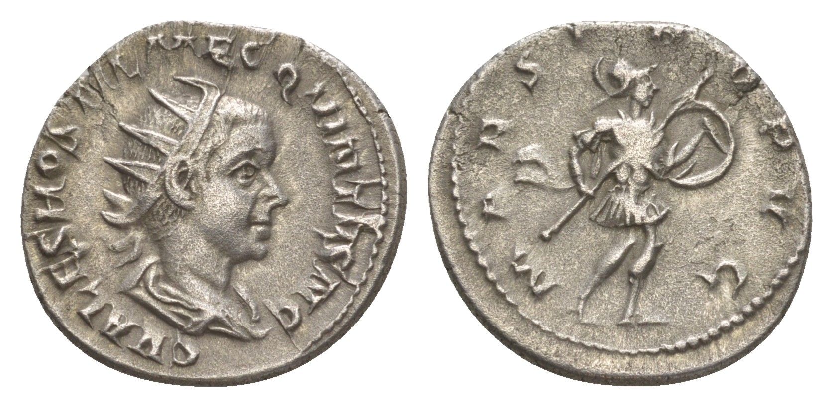 Римская Империя антониниан 251 Гостилиан, C VALES [sic!] HOSTIL MES QVINTVS N C, бюст императора/MARS PROPVG, Марс с копьем и щитом, Рим, About extremely fine RIC 176c var. серебро 00-812-58